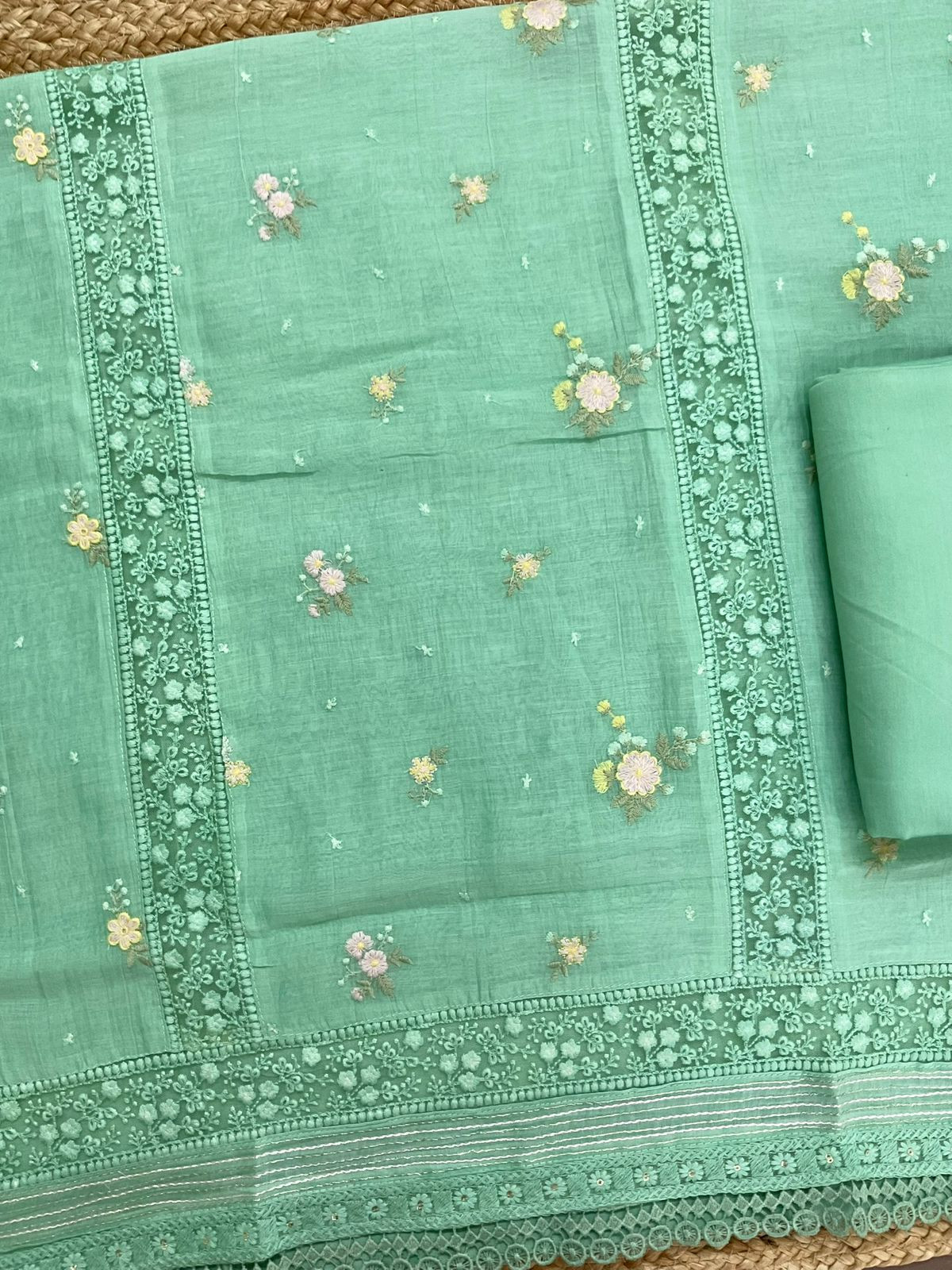 Pure Fine Mul Chanderi Embroidered Suit - Green