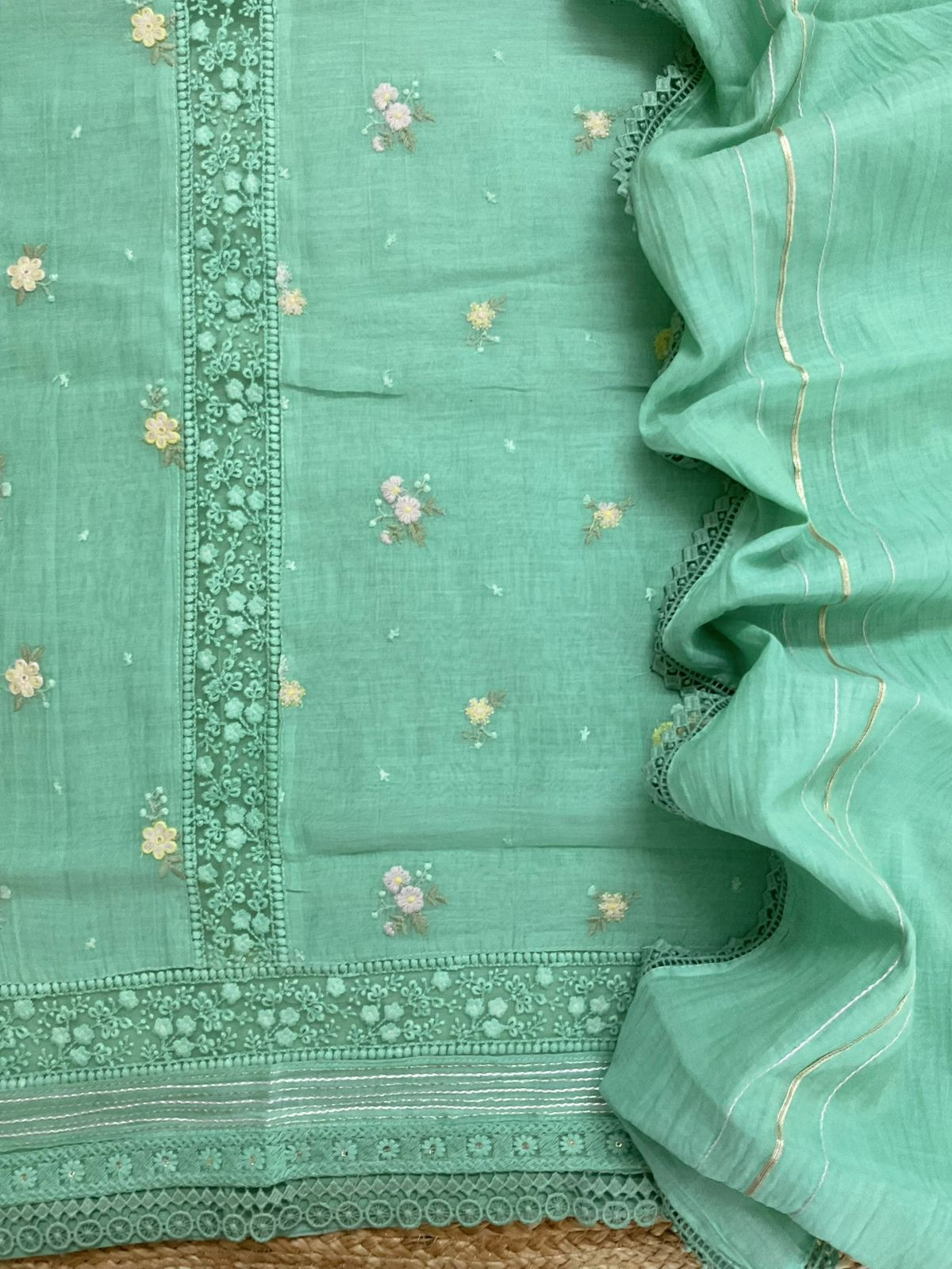 Pure Fine Mul Chanderi Embroidered Suit - Green