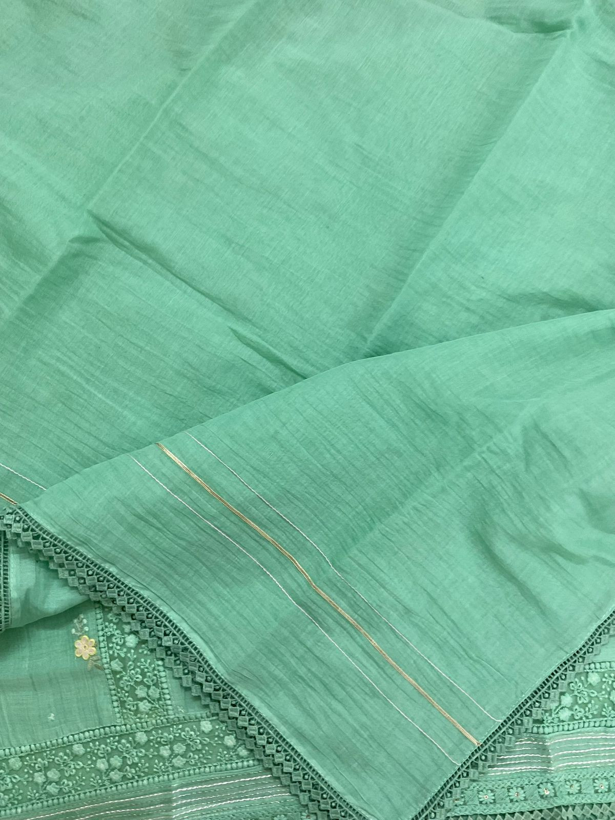 Pure Fine Mul Chanderi Embroidered Suit - Green