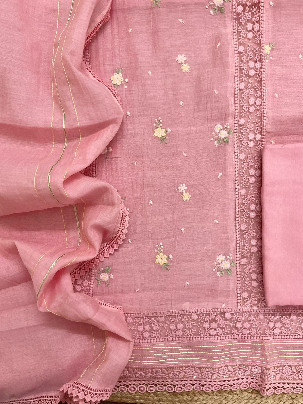 Pure Fine Mul Chanderi Embroidered Suit - Pink