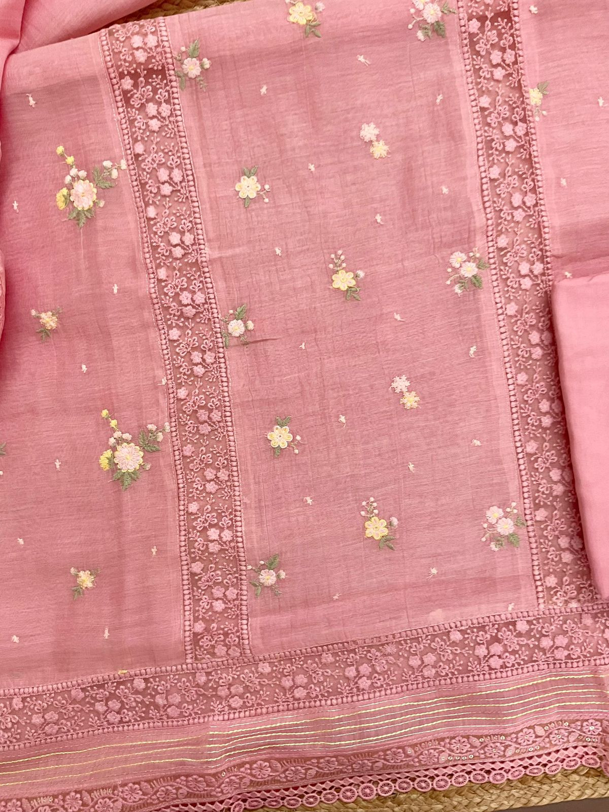Pure Fine Mul Chanderi Embroidered Suit - Pink