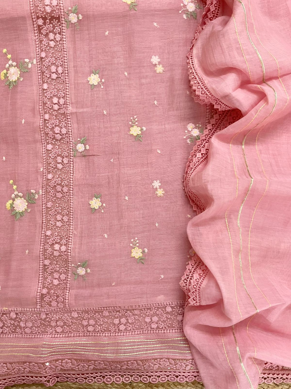 Pure Fine Mul Chanderi Embroidered Suit - Pink