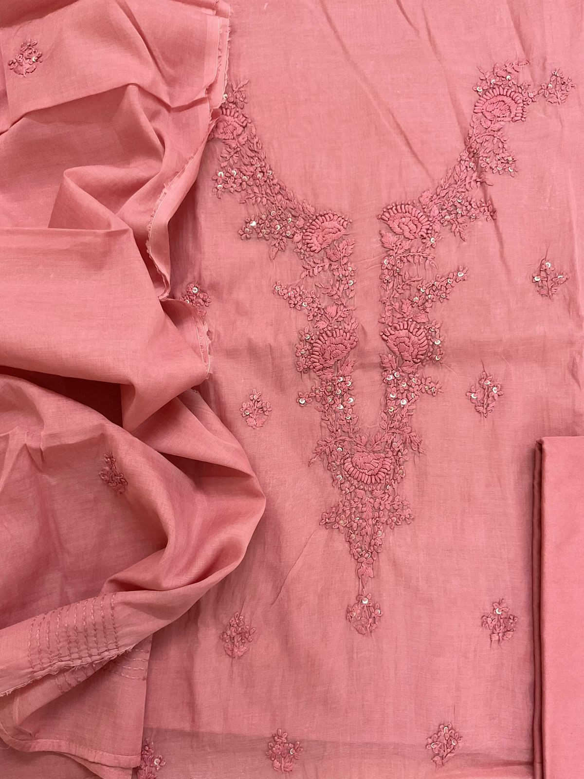 Soft Fine Chanderi Embroidered Suit - Pink