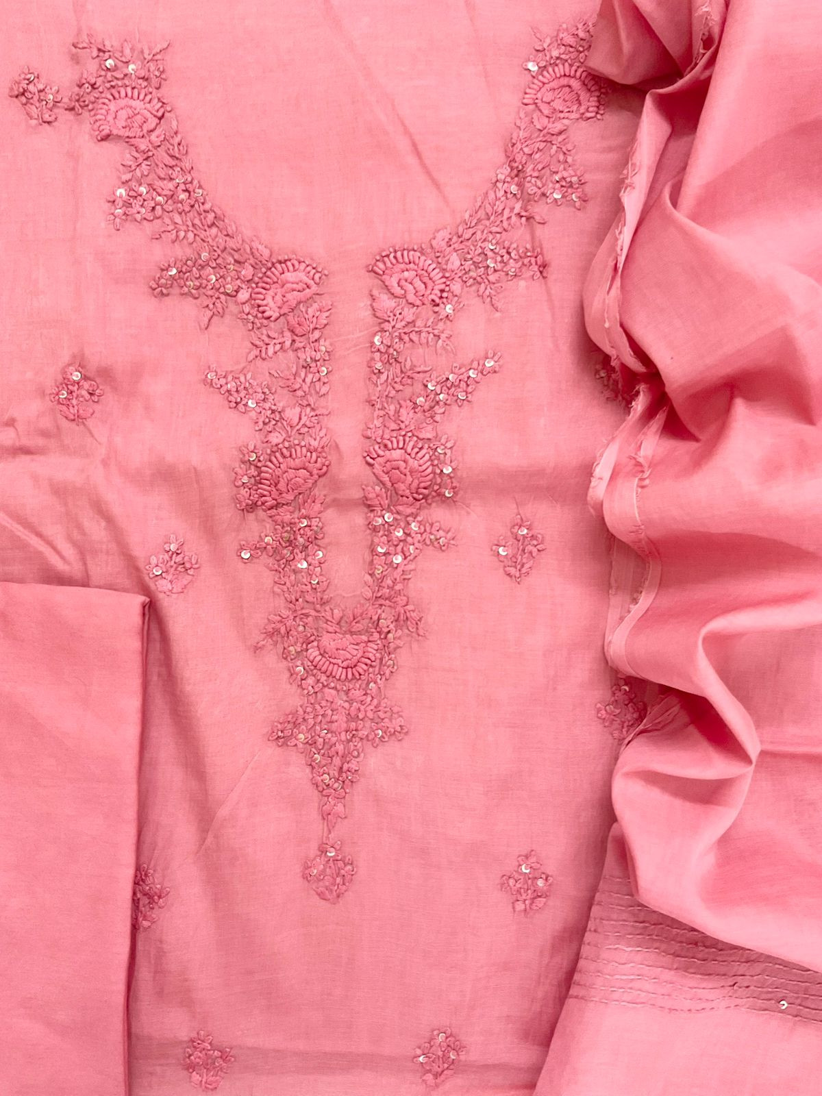 Soft Fine Chanderi Embroidered Suit - Pink