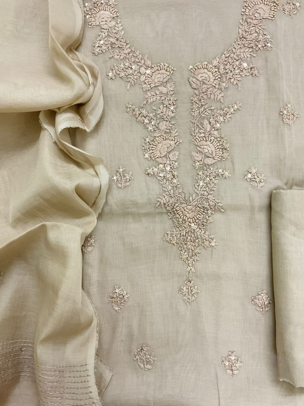Soft Fine Chanderi Embroidered Suit - Beige