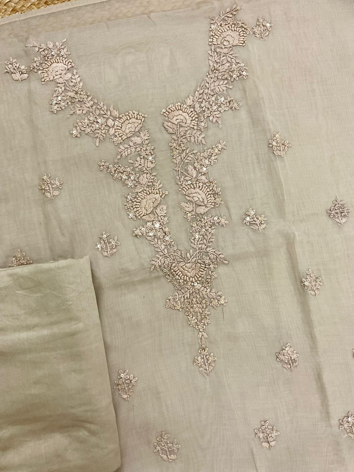 Soft Fine Chanderi Embroidered Suit - Beige