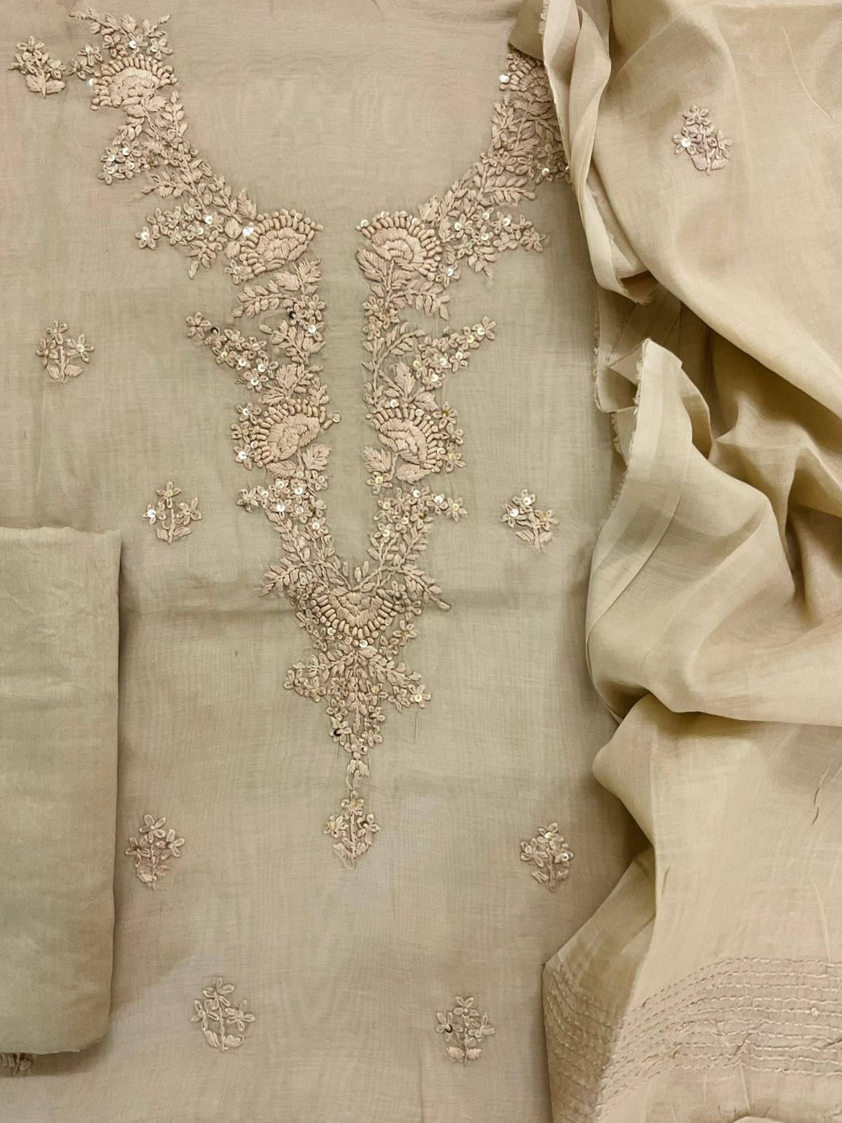 Soft Fine Chanderi Embroidered Suit - Beige