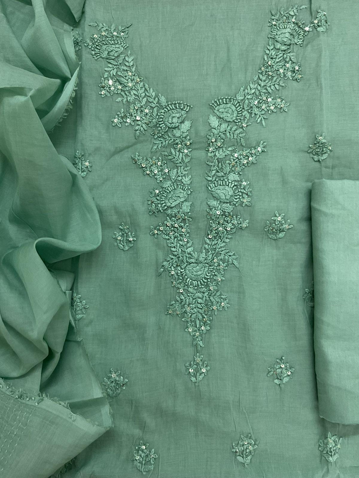 Soft Fine Chanderi Embroidered Suit - Green