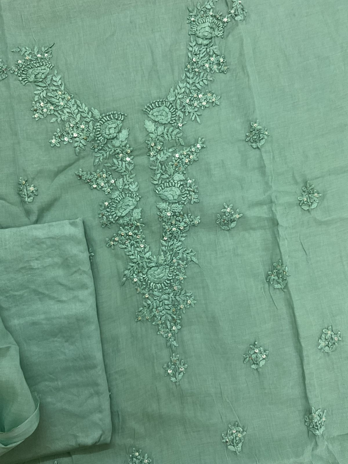 Soft Fine Chanderi Embroidered Suit - Green