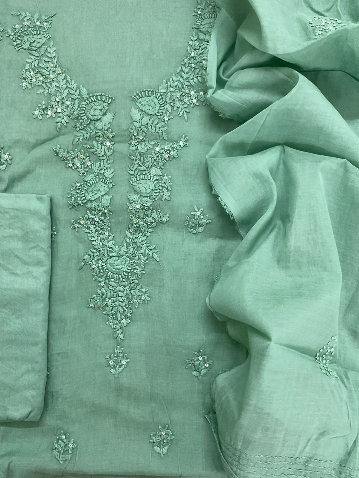 Soft Fine Chanderi Embroidered Suit - Green