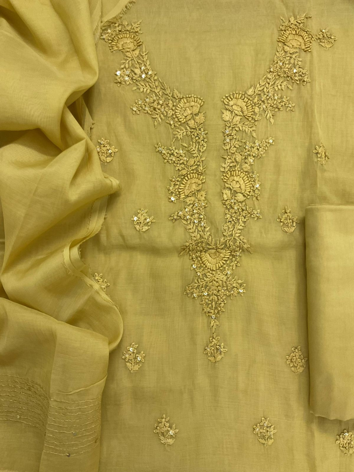 Soft Fine Chanderi Embroidered Suit - Yellow