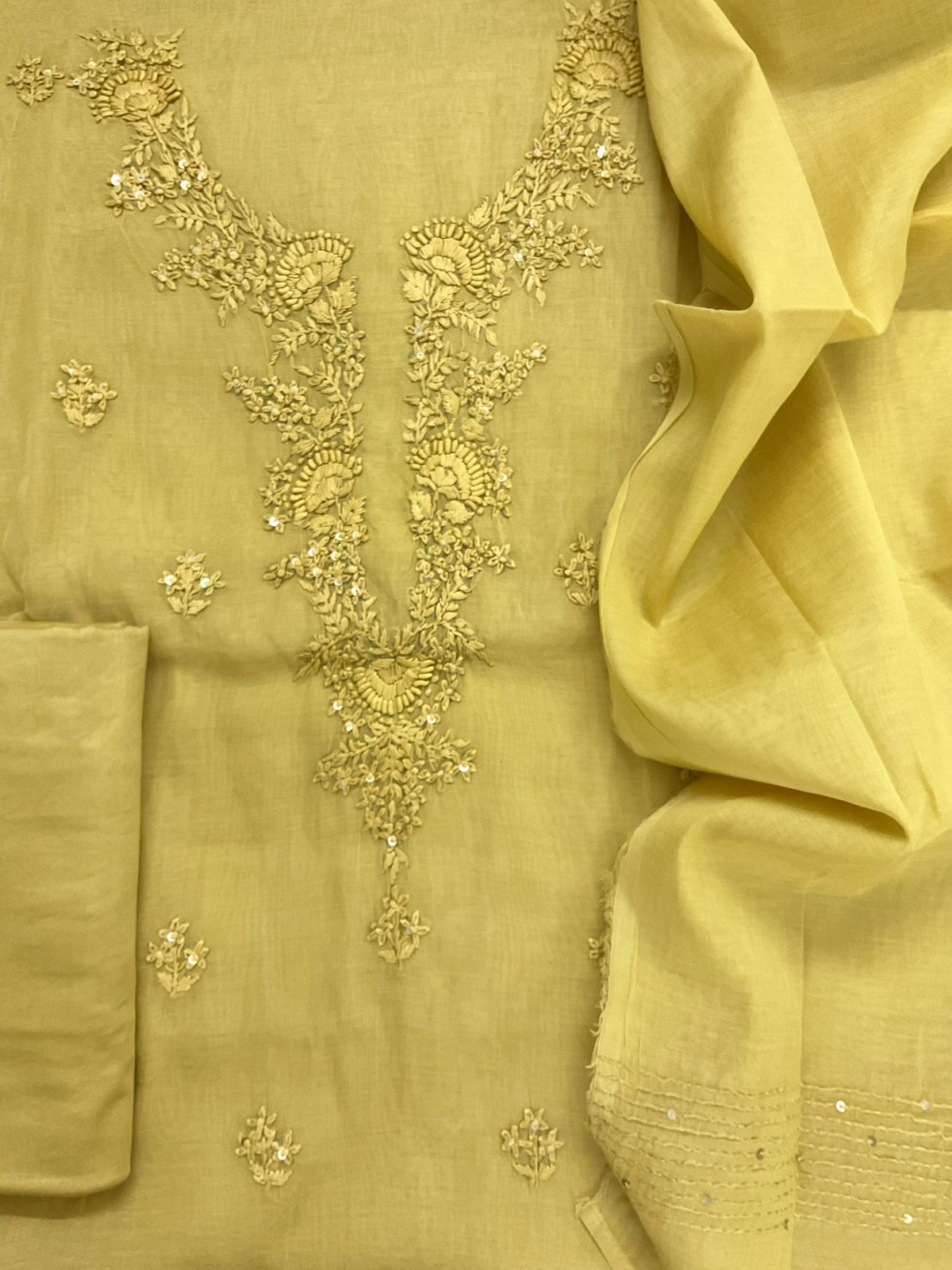Soft Fine Chanderi Embroidered Suit - Yellow