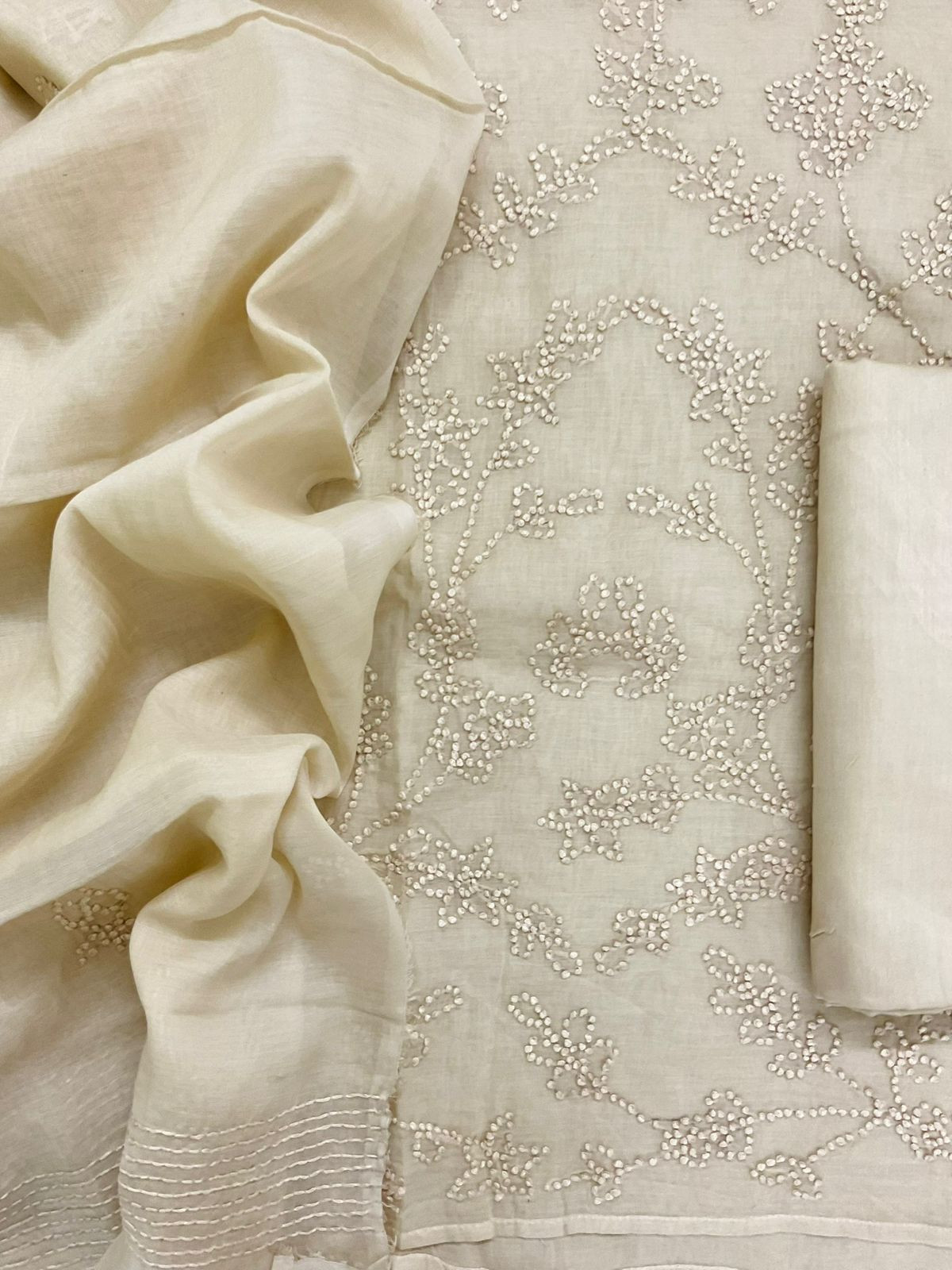 Soft Fine Chanderi Embroidered Suit - Beige