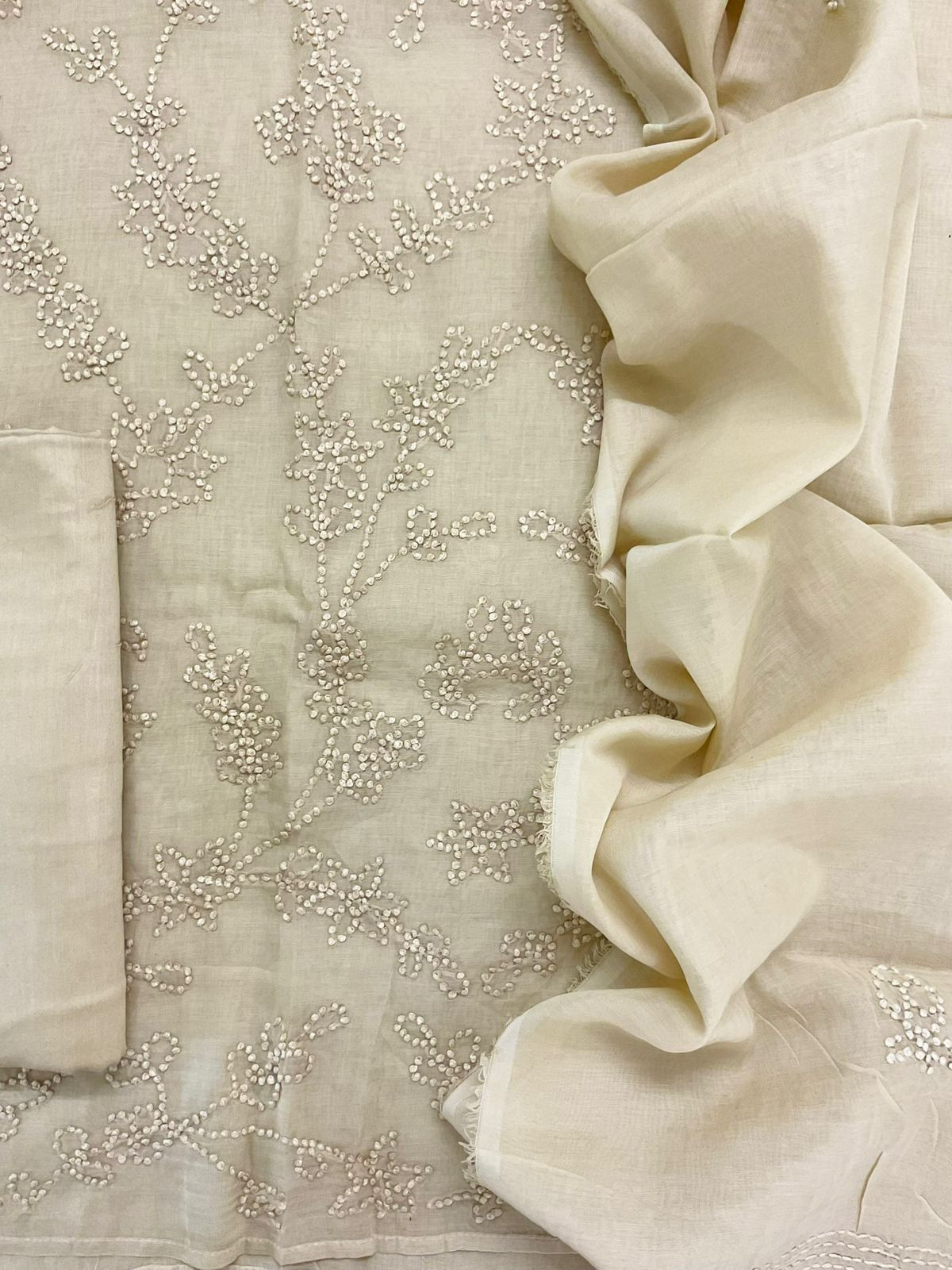 Soft Fine Chanderi Embroidered Suit - Beige