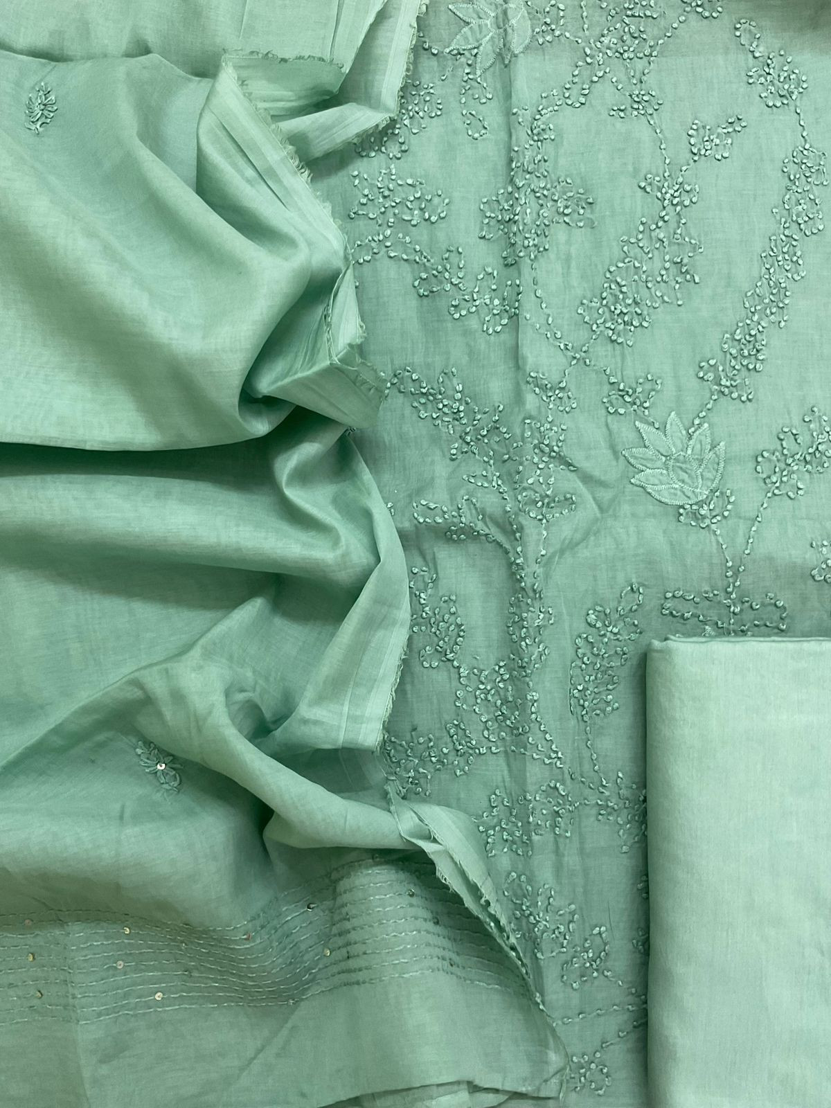 Soft Fine Chanderi Embroidered Suit - Green