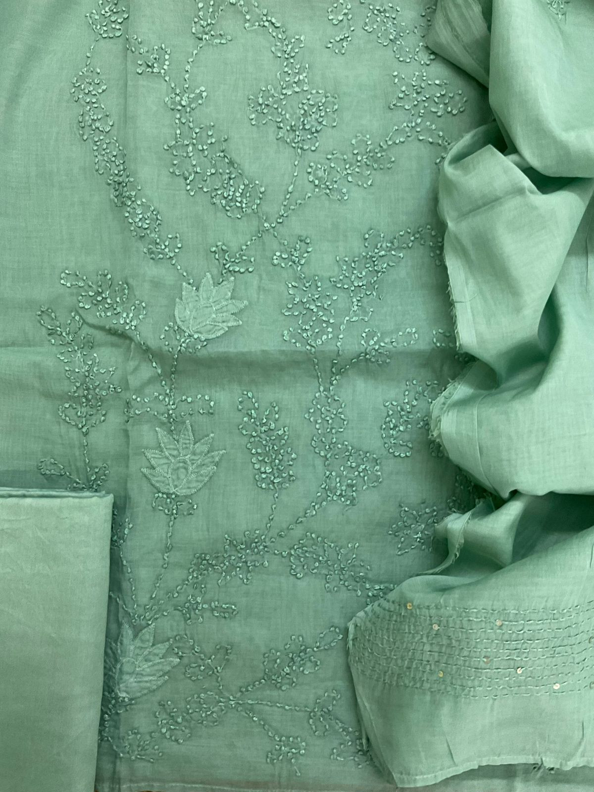 Soft Fine Chanderi Embroidered Suit - Green