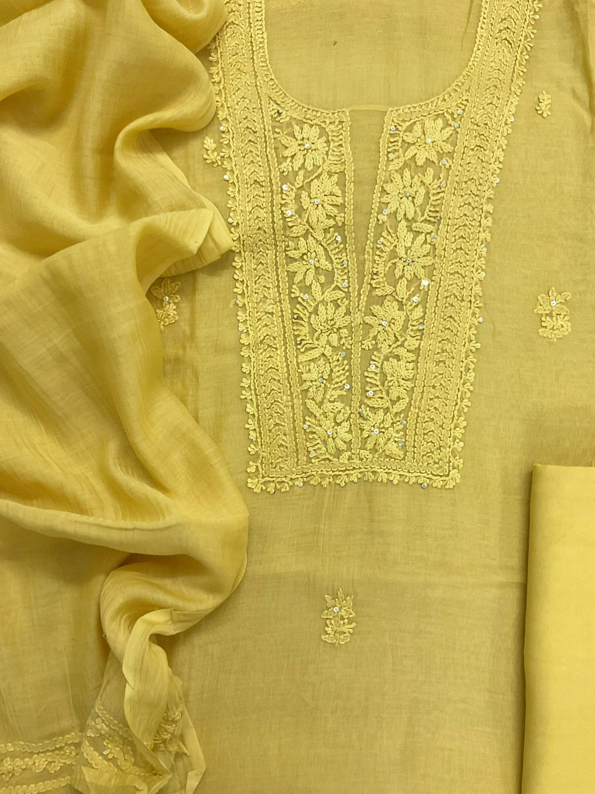 Pure Fine Mul Chanderi Embroidered Suit - Yellow