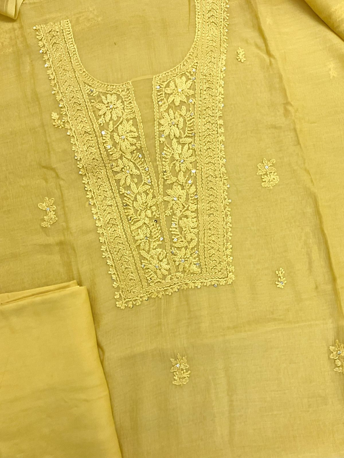 Pure Fine Mul Chanderi Embroidered Suit - Yellow