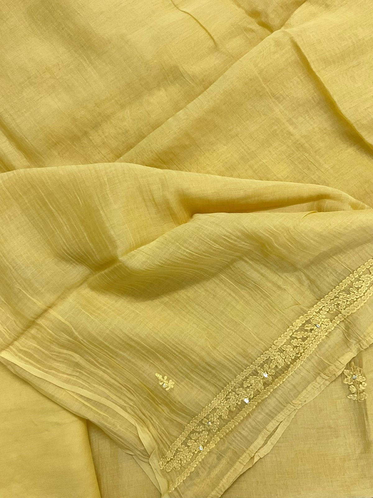 Pure Fine Mul Chanderi Embroidered Suit - Yellow