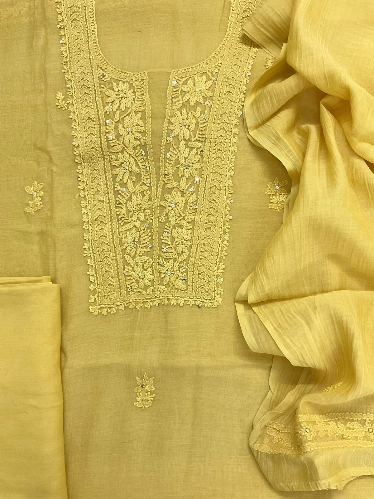 Pure Fine Mul Chanderi Embroidered Suit - Yellow