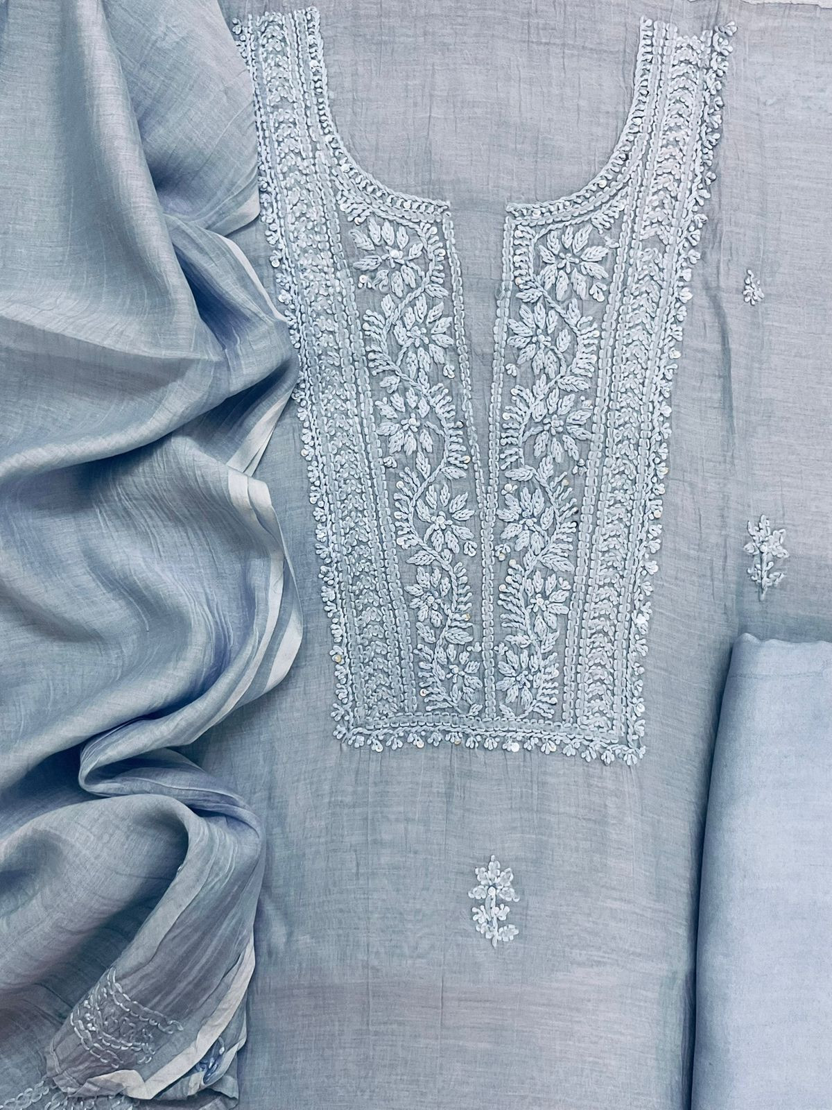 Pure Fine Mul Chanderi Embroidered Suit - Blue