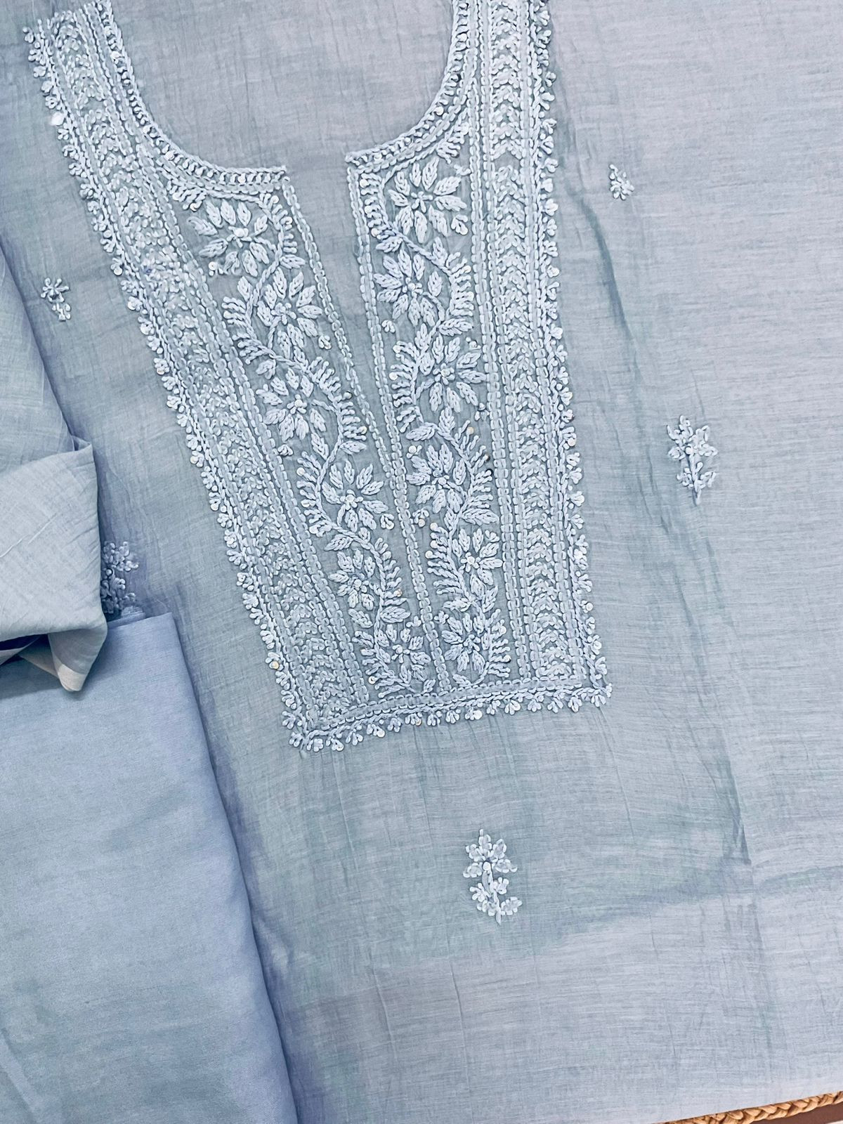 Pure Fine Mul Chanderi Embroidered Suit - Blue