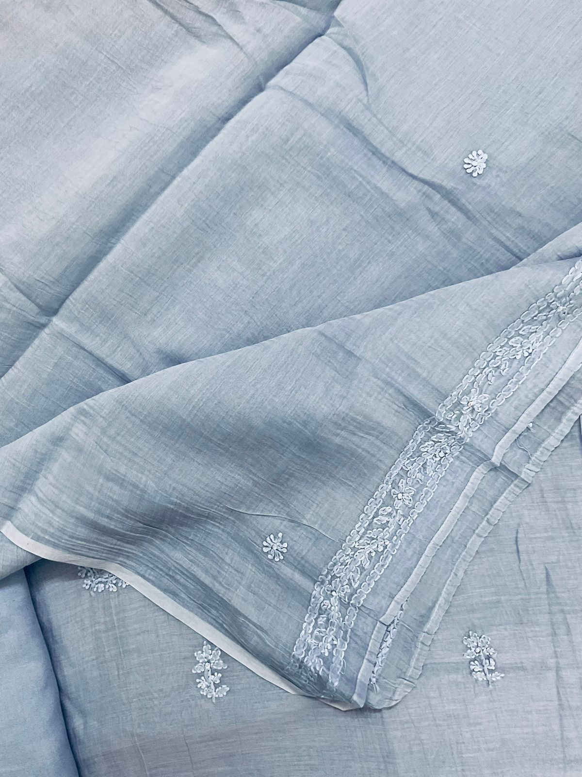 Pure Fine Mul Chanderi Embroidered Suit - Blue