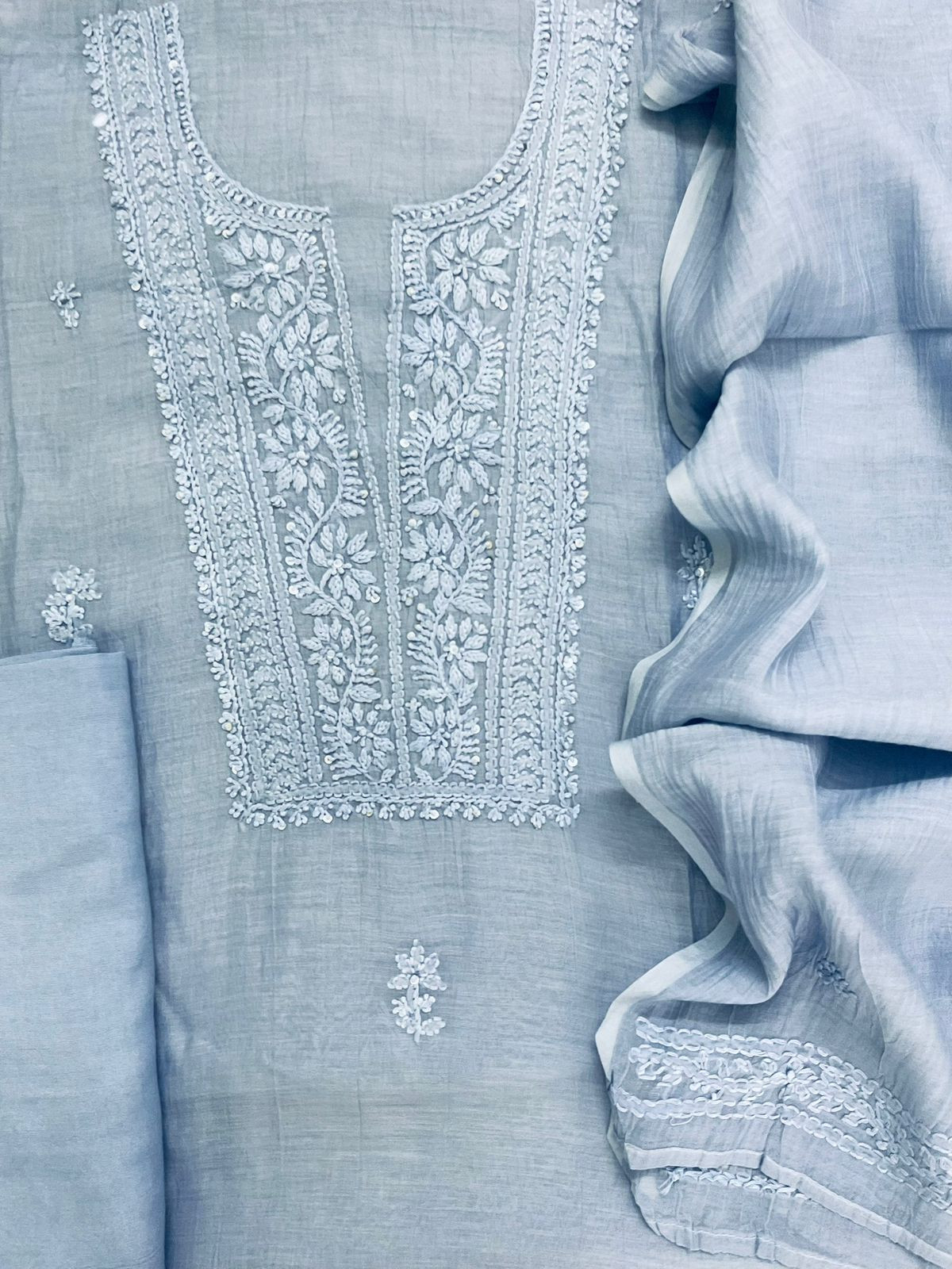 Pure Fine Mul Chanderi Embroidered Suit - Blue
