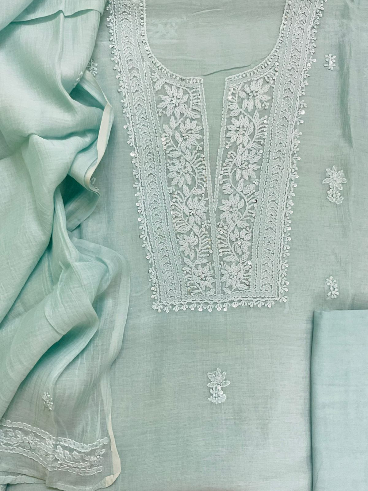 Pure Fine Mul Chanderi Embroidered Suit - Aqua