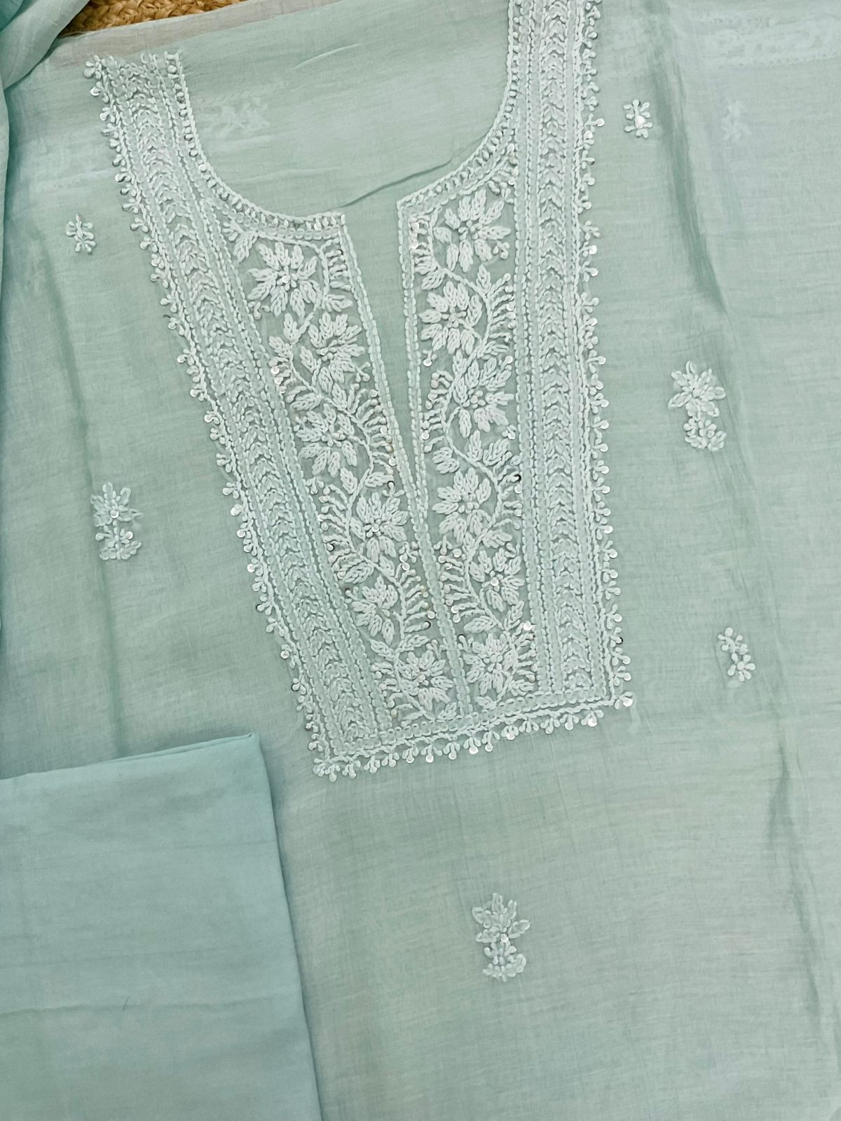 Pure Fine Mul Chanderi Embroidered Suit - Aqua