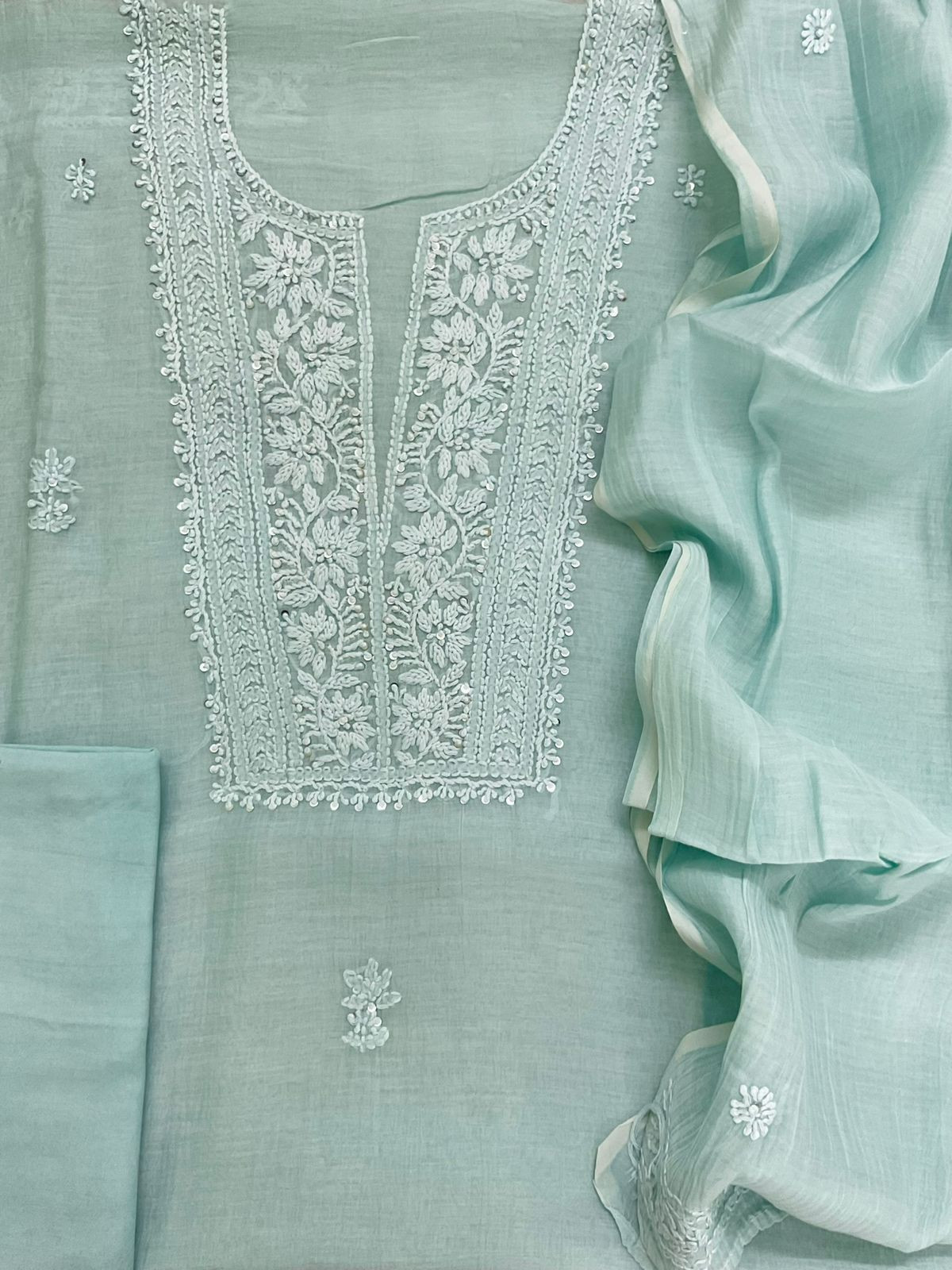 Pure Fine Mul Chanderi Embroidered Suit - Aqua