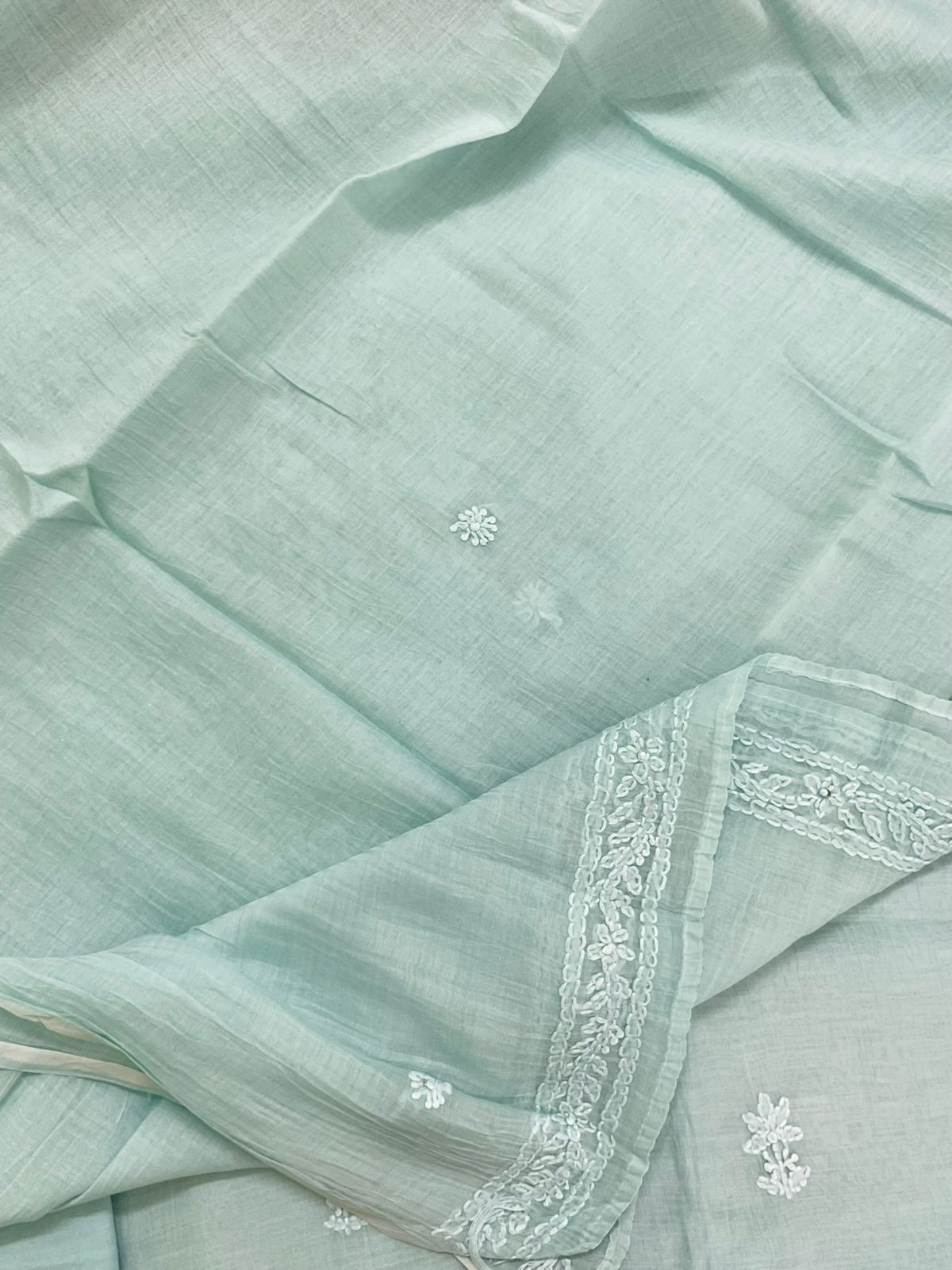 Pure Fine Mul Chanderi Embroidered Suit - Aqua