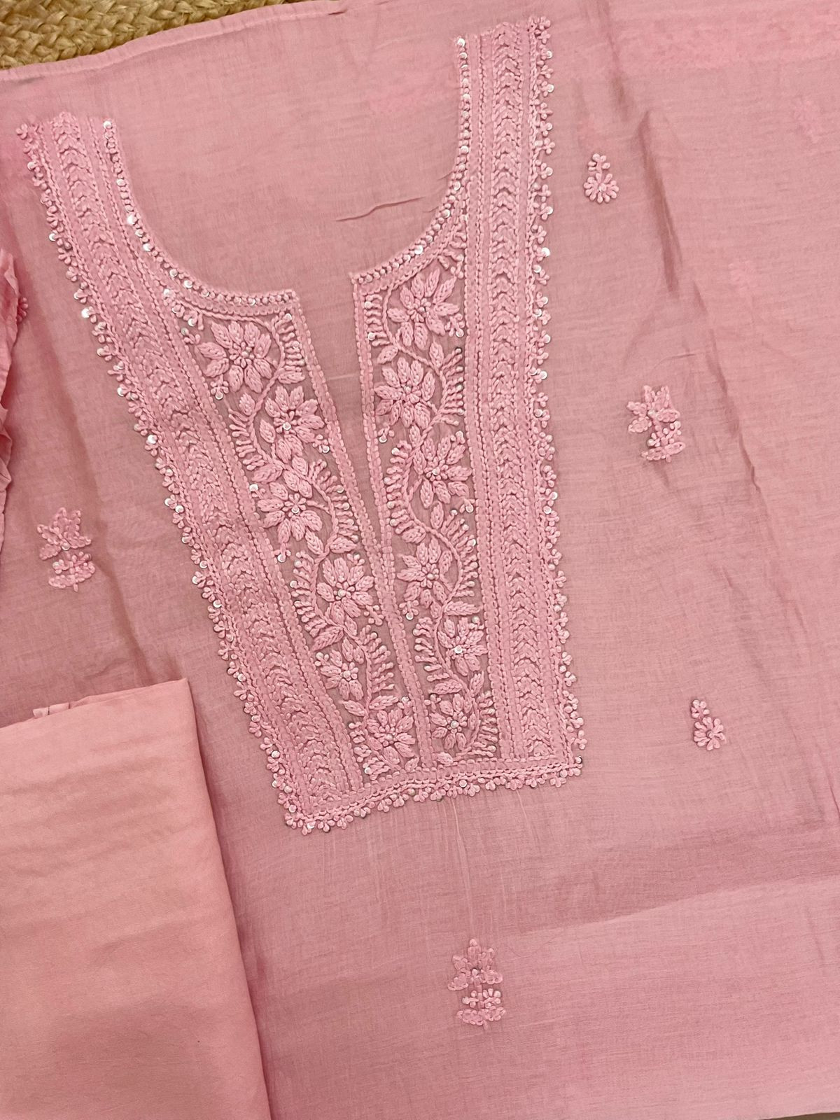 Pure Fine Mul Chanderi Embroidered Suit - Pink
