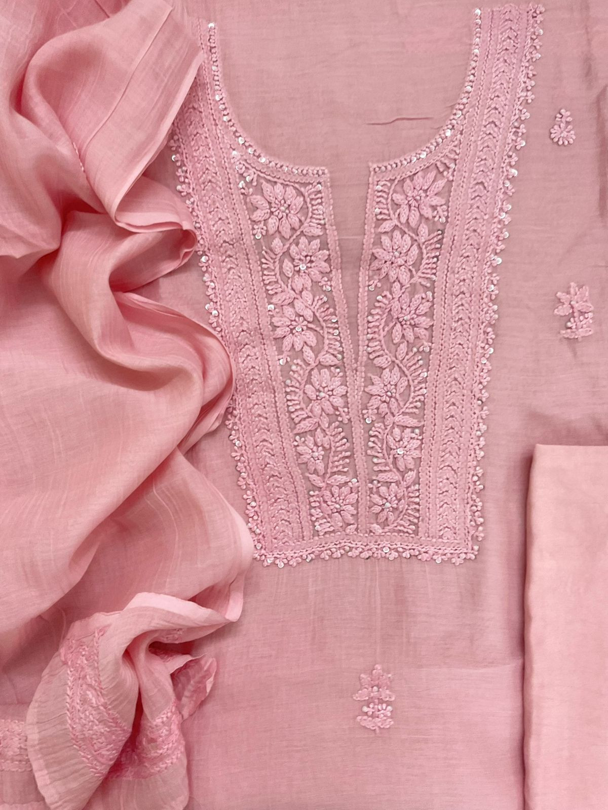 Pure Fine Mul Chanderi Embroidered Suit - Pink