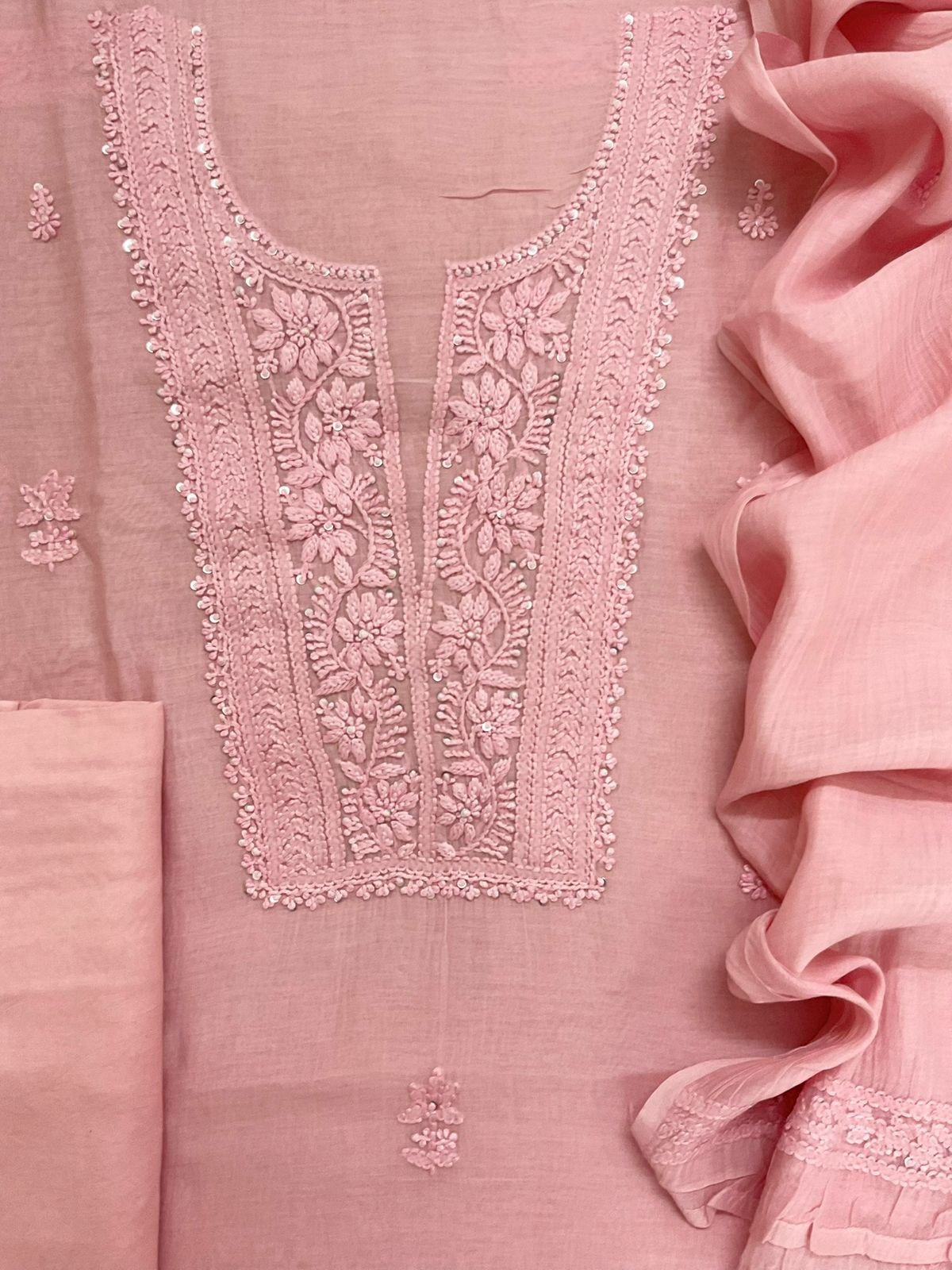 Pure Fine Mul Chanderi Embroidered Suit - Pink