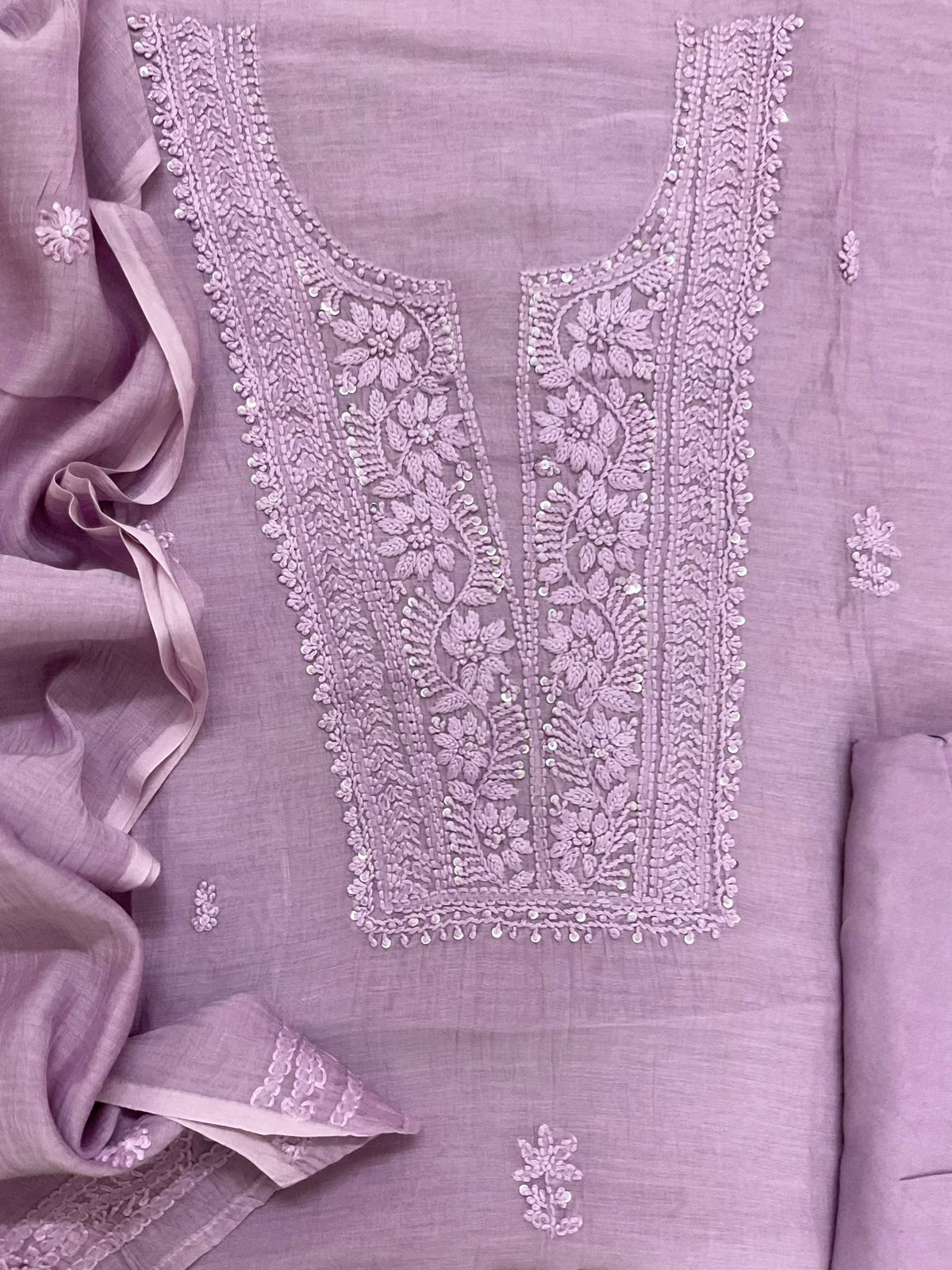 Pure Fine Mul Chanderi Embroidered Suit - Lavender