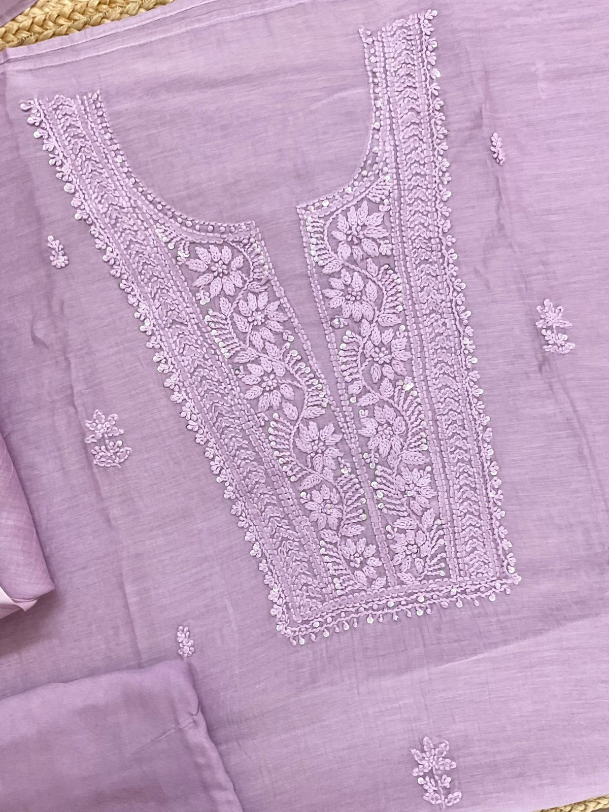 Pure Fine Mul Chanderi Embroidered Suit - Lavender