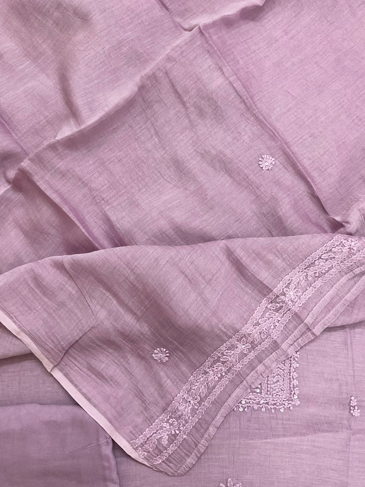 Pure Fine Mul Chanderi Embroidered Suit - Lavender