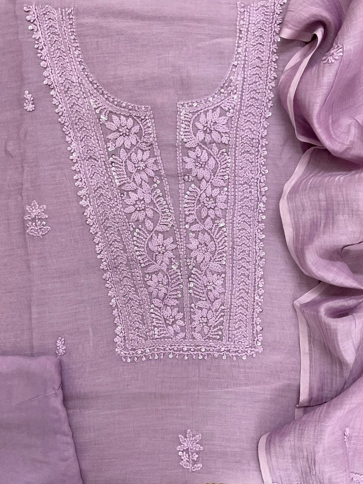 Pure Fine Mul Chanderi Embroidered Suit - Lavender