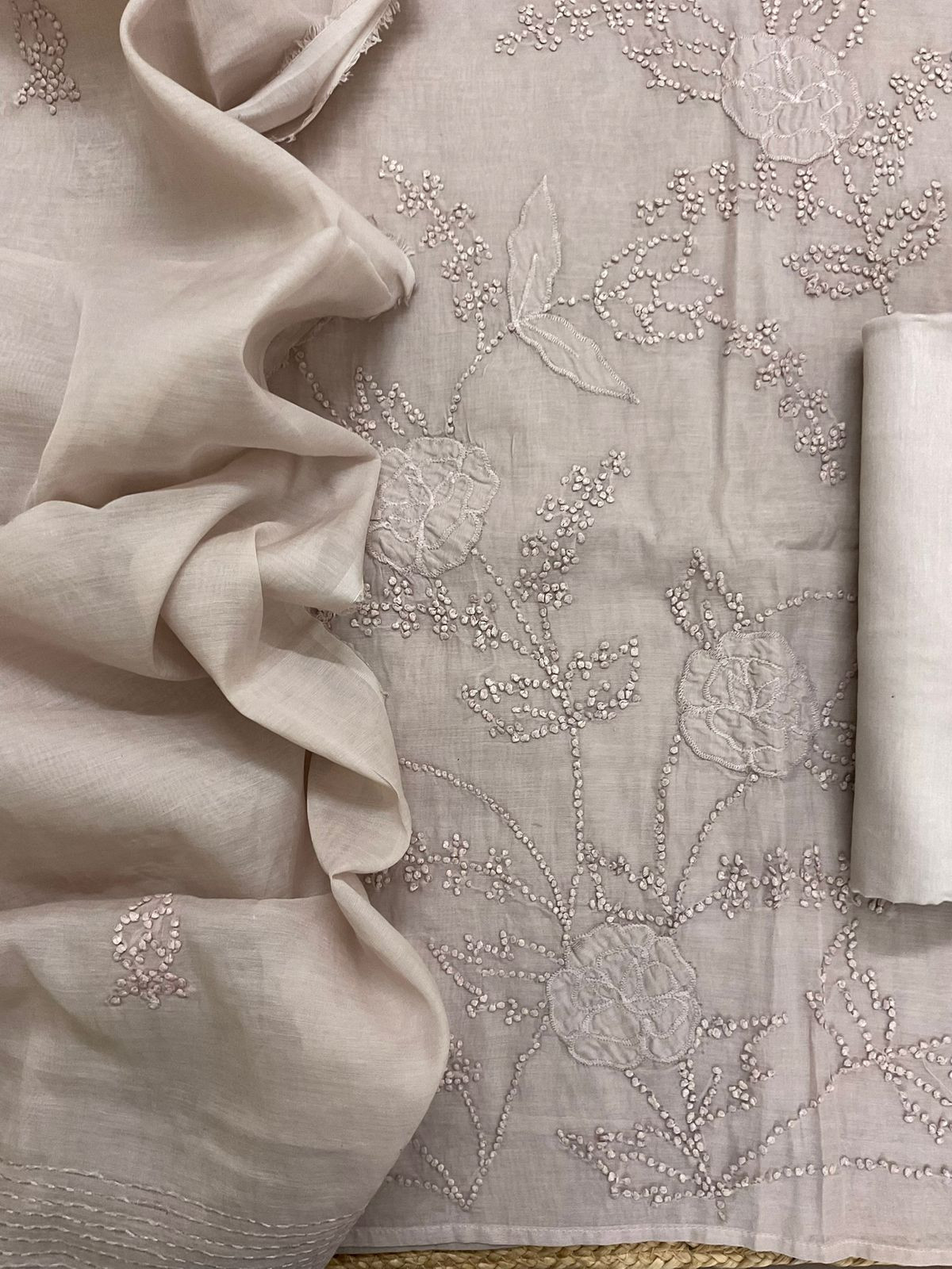 Soft Fine Chanderi Embroidered Suit - Lilac Beige