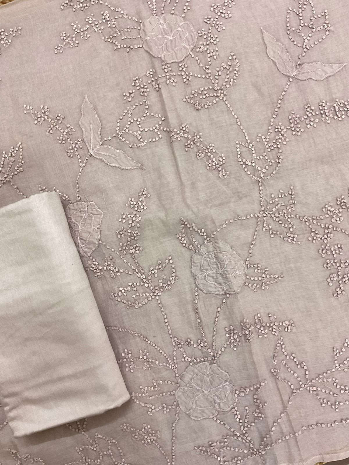 Soft Fine Chanderi Embroidered Suit - Lilac Beige