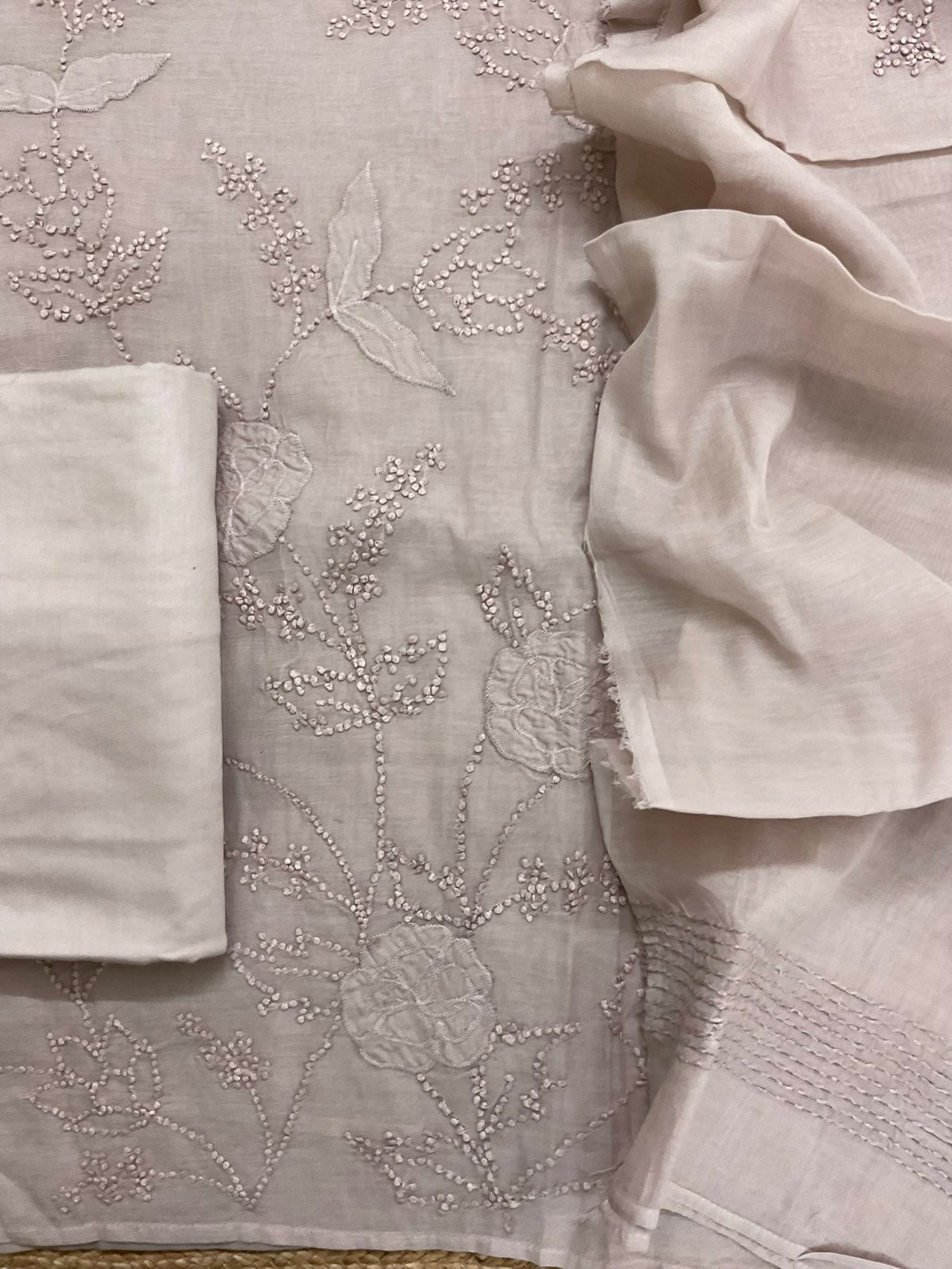 Soft Fine Chanderi Embroidered Suit - Lilac Beige