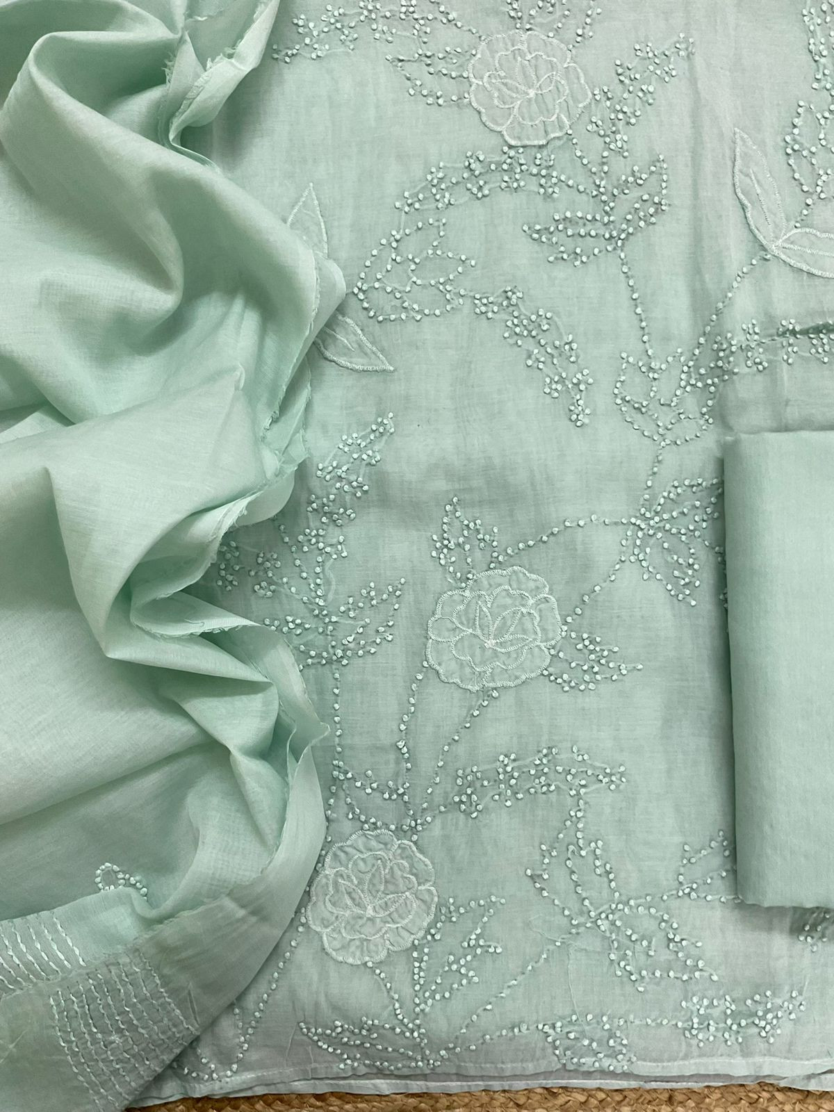 Soft Fine Chanderi Embroidered Suit - Aqua
