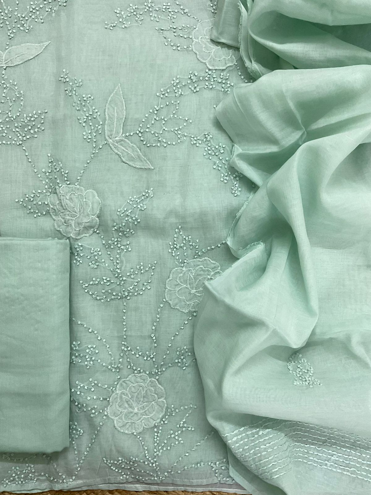 Soft Fine Chanderi Embroidered Suit - Aqua