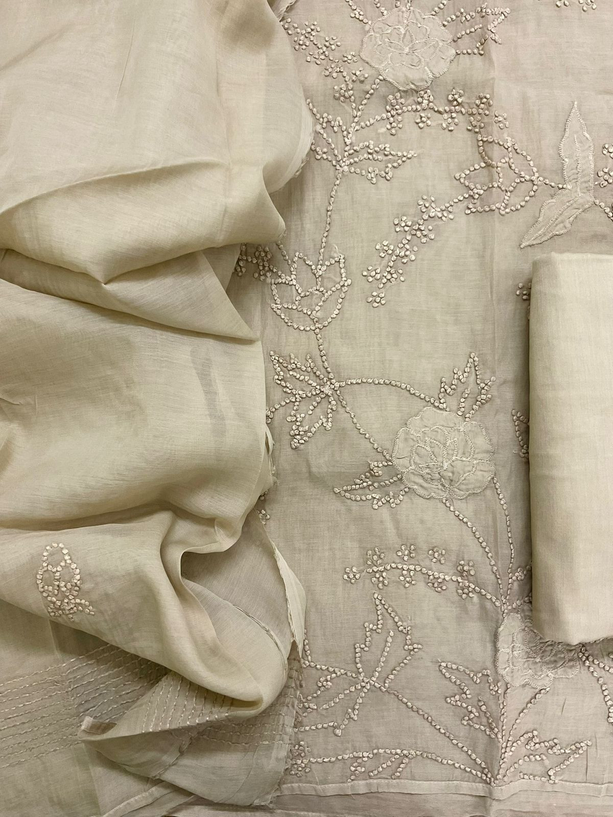 Soft Fine Chanderi Embroidered Suit - Beige