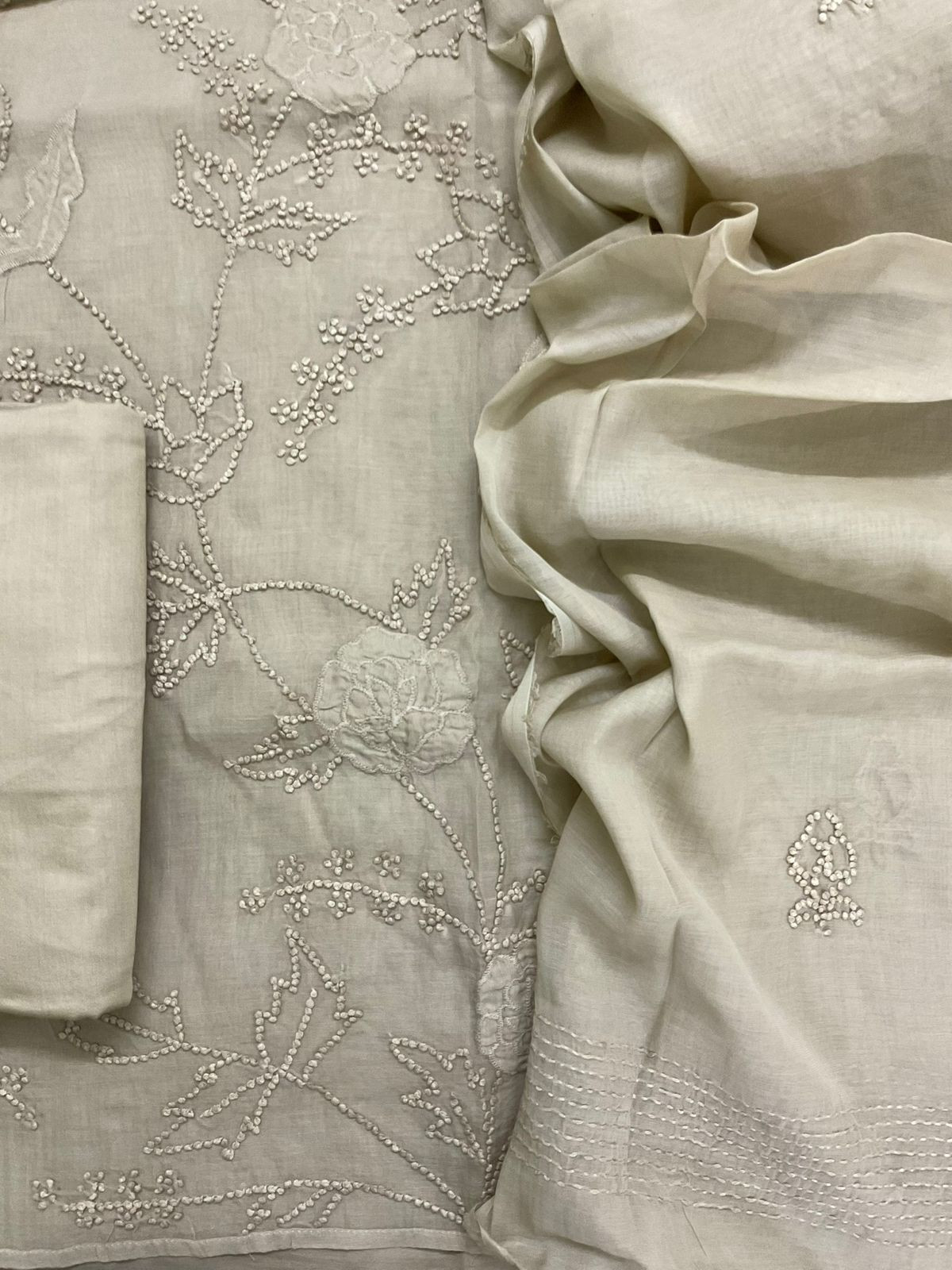 Soft Fine Chanderi Embroidered Suit - Beige