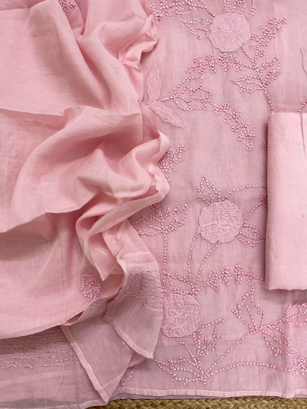 Soft Fine Chanderi Embroidered Suit - Pink