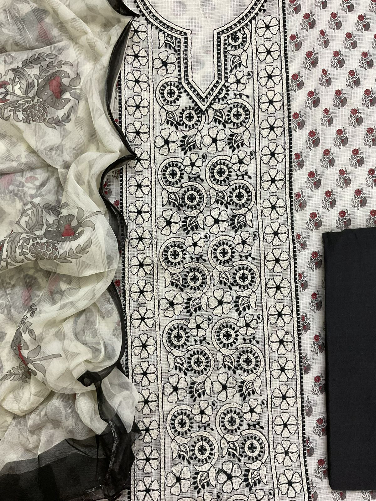 Pure Kota Cotton Printed Embroidered Suit - Off White