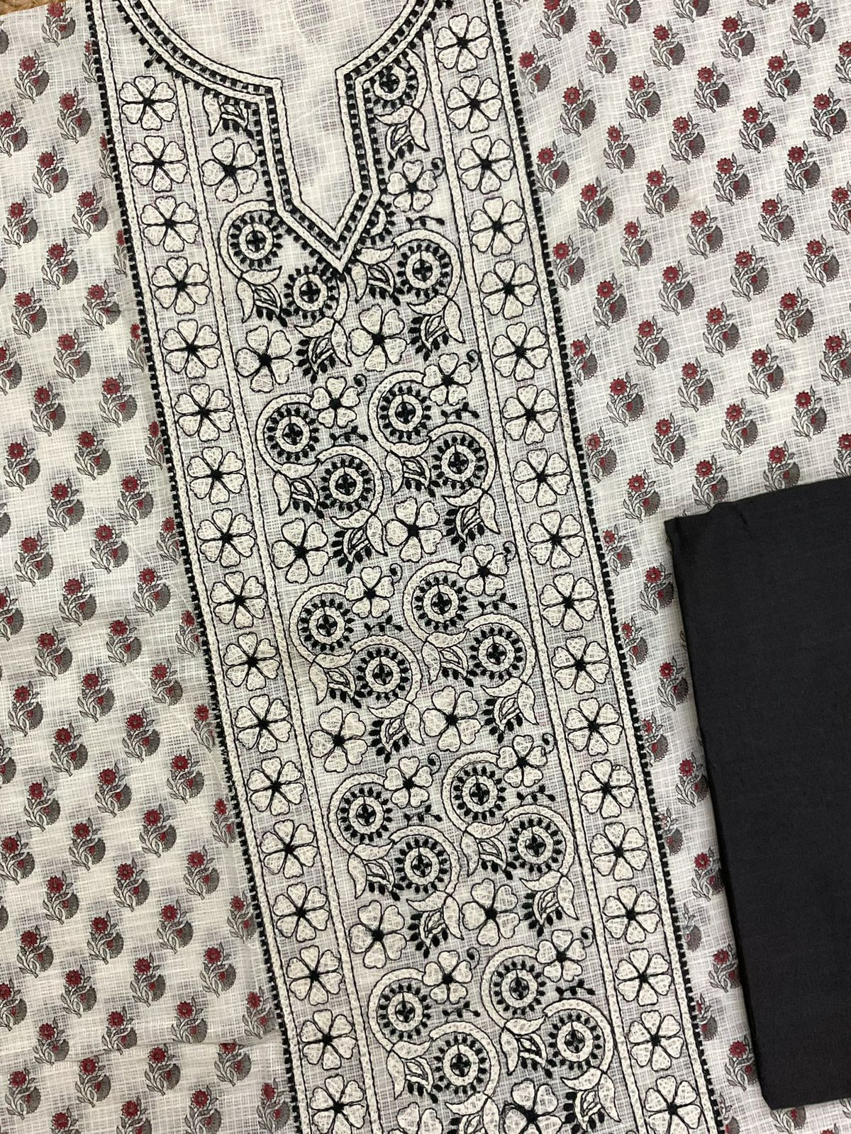 Pure Kota Cotton Printed Embroidered Suit - Off White