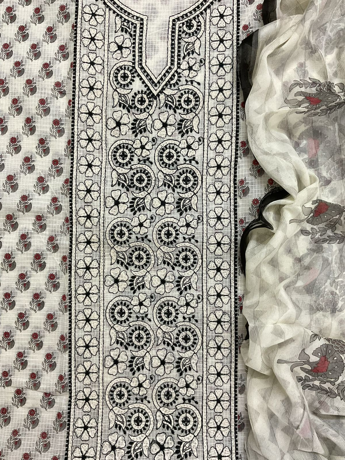 Pure Kota Cotton Printed Embroidered Suit - Off White